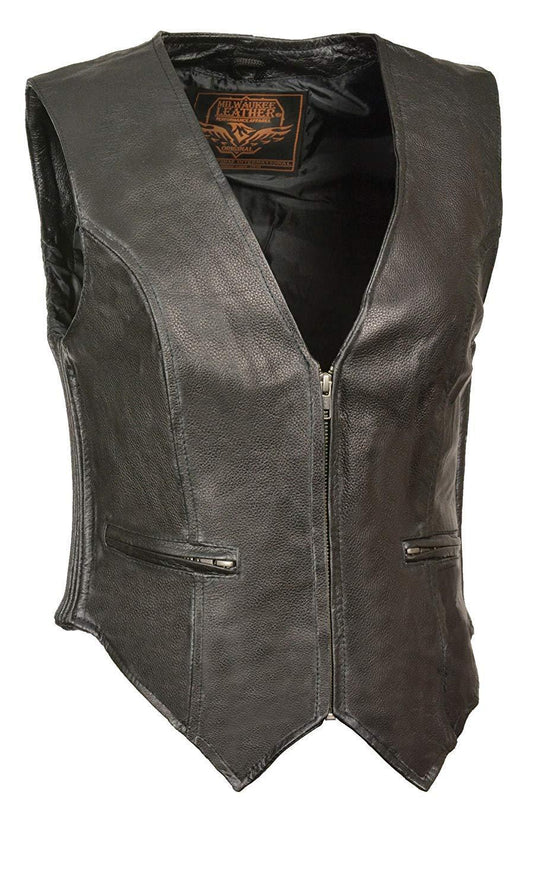 Milwaukee Leather SH1288 Women's Black Leather Deep V-Neck Motorcycle Rider Vest with Side Stretch Panels