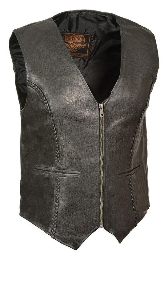 Milwaukee Leather SH1246Z Women's Black Leather Classic Braided Motorcycle Rider Vest with Front Zip Closure