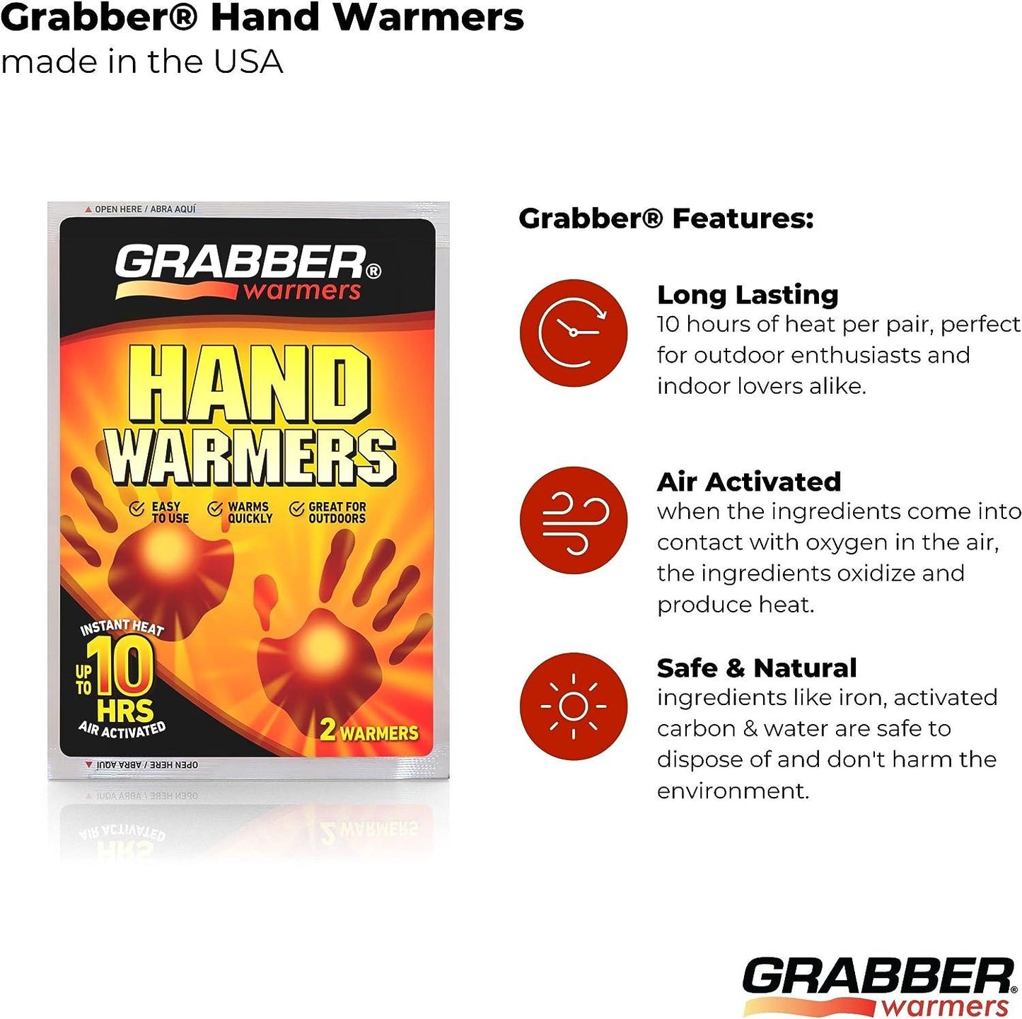 Grabber Hand Warmers - Long Lasting Natural Odorless Air Activated Warmers - Up to 10 Hours of Heat - 40 Pair Box