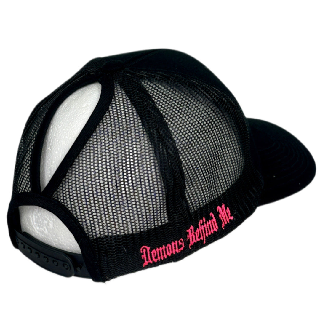 Women's Black Snapback Ponytail Trucker Cap - Pink Bow