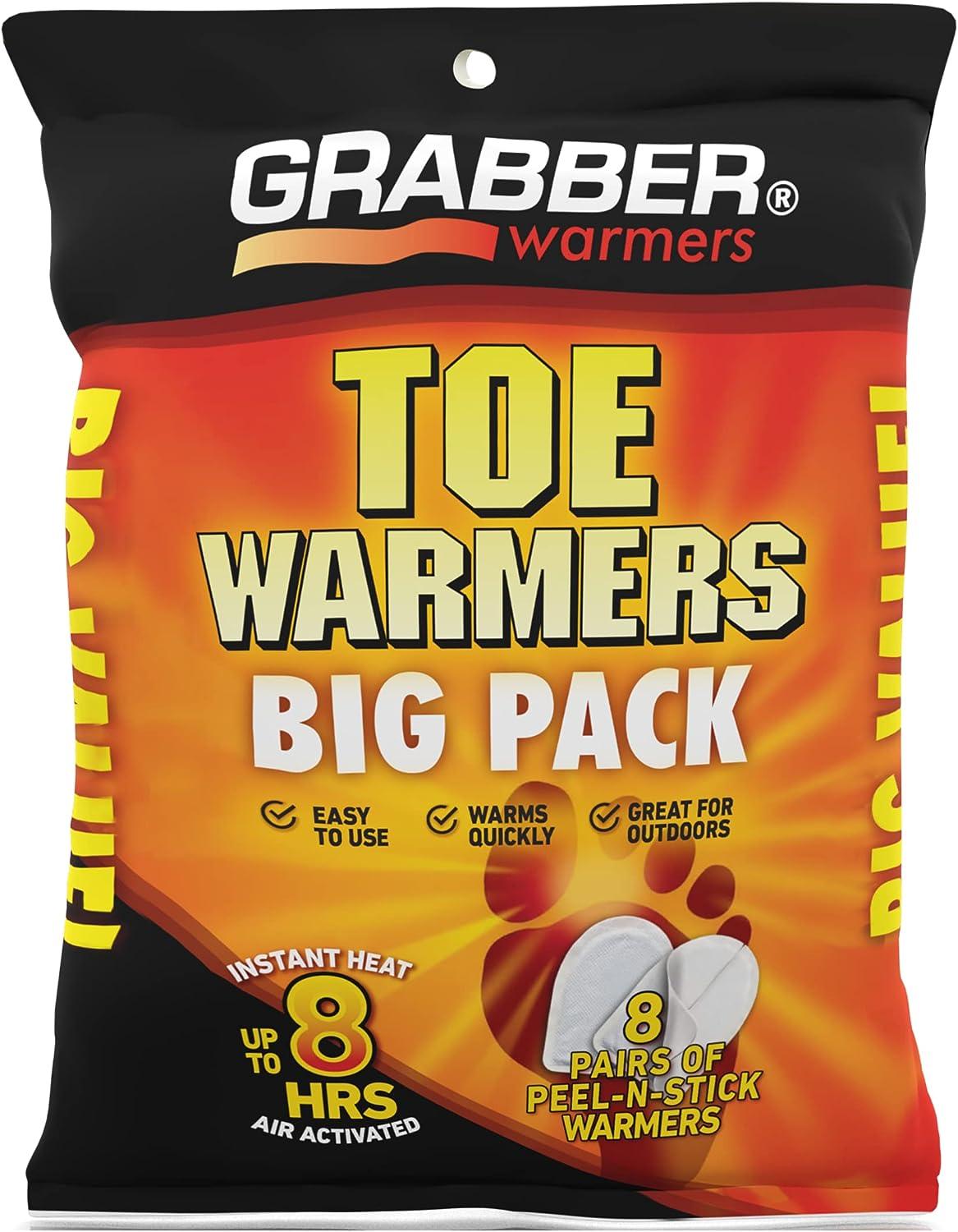 Grabber Toe Warmers - Long Lasting Safe Natural Odorless Air Activated Warmers - Up to 8 Hours of Heat - 8 Pair Pack