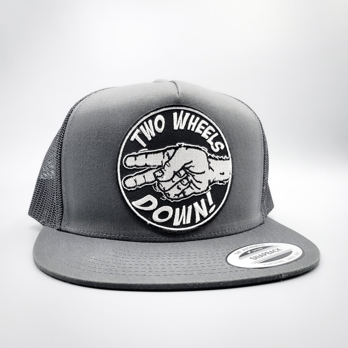 Two Wheels Down Harley Motorcycle Trucker Hat