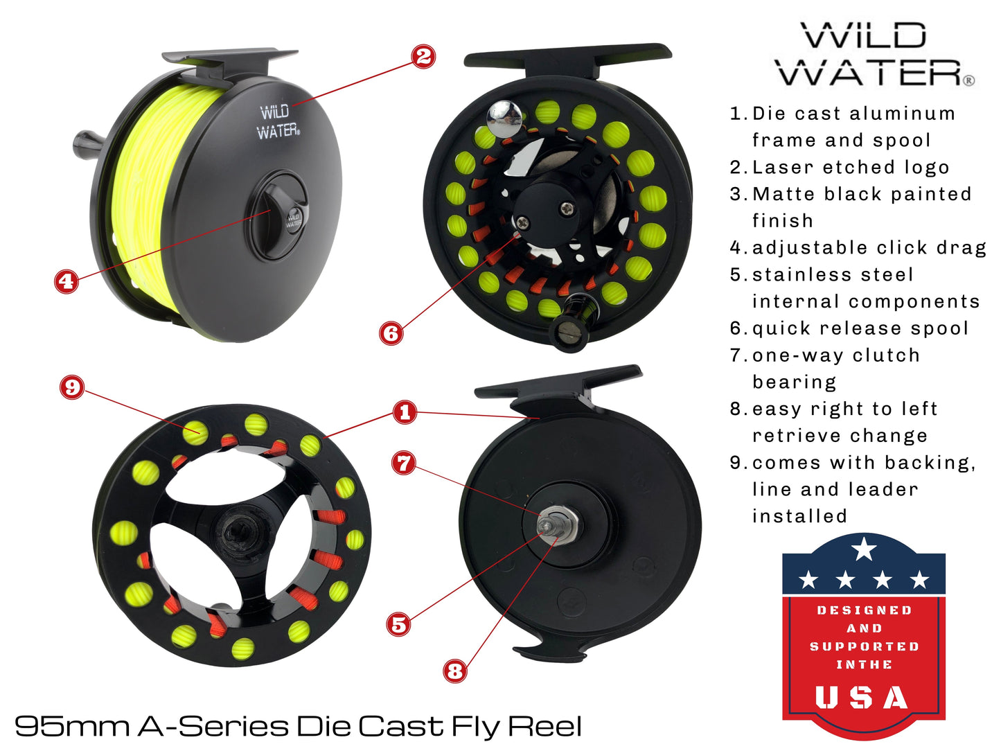 Die Cast 7 Weight or 8 Weight Fly Reel, Floating WF 8wt Line | 30# Backing | 0X Leader | Wild Water Fly Fishing