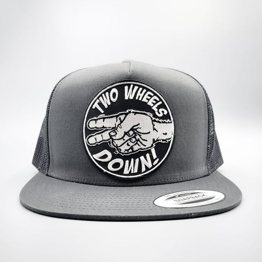 Two Wheels Down Harley Motorcycle Trucker Hat