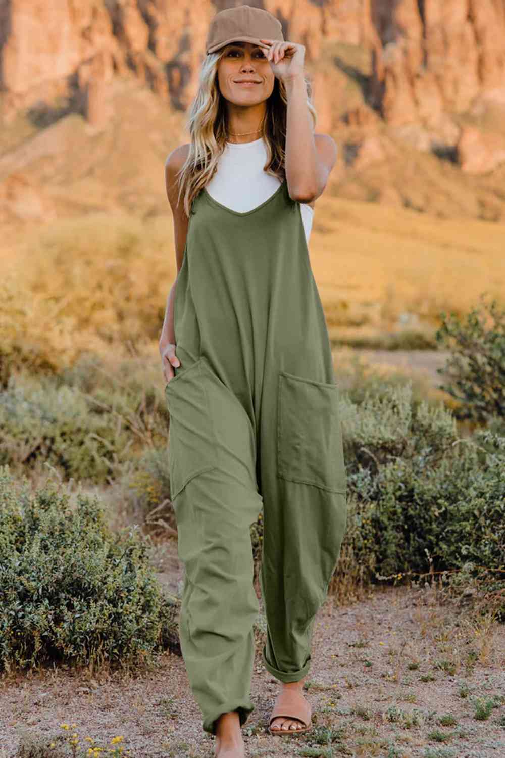 Double Take Full Size V-Neck Sleeveless Jumpsuit with Pockets