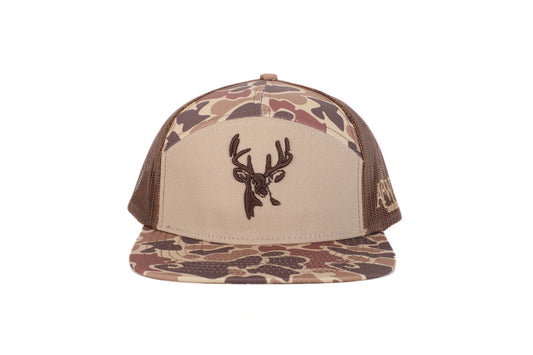 Deer 7 Panel Brown Old School AFW Style w- 3 D Puff and Brown Mesh Hat