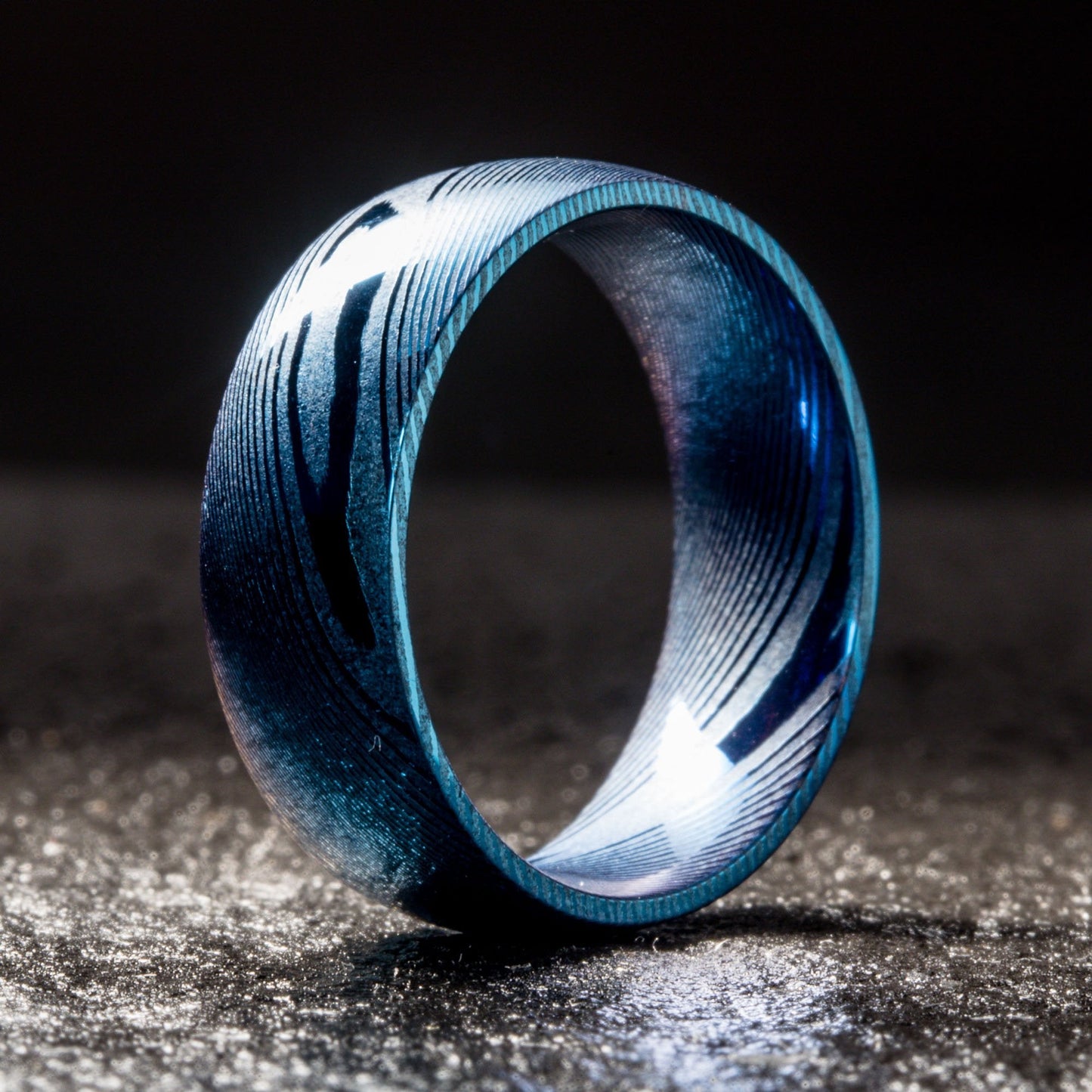 Wood Grain Damascus Steel Ring - Blue Minimalist