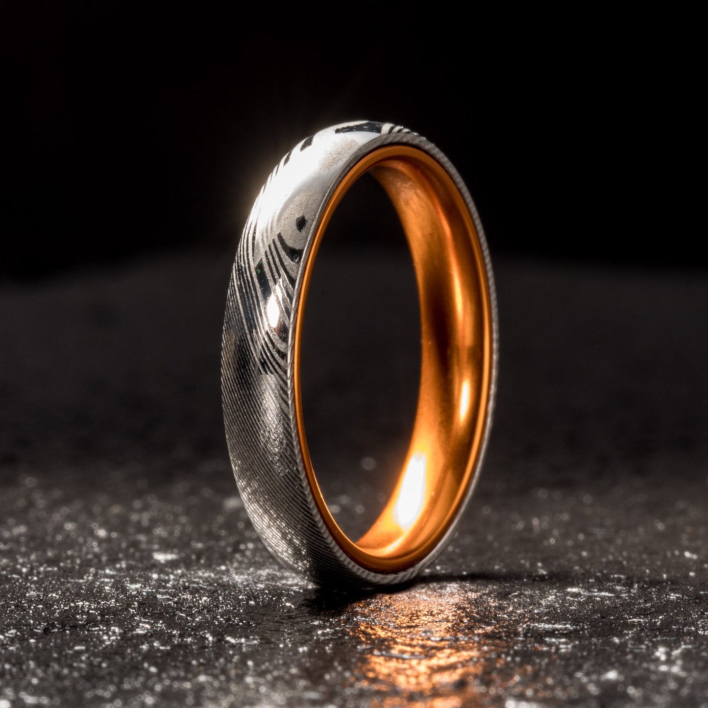 Wood Grain Damascus Steel Ring - Resilient Orange - 4MM