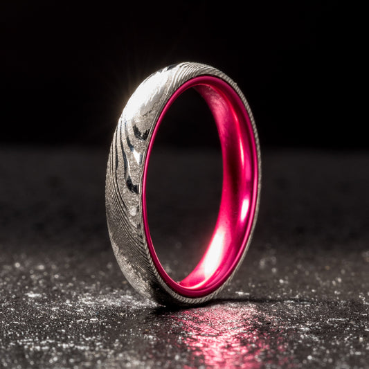 Wood Grain Damascus Steel Ring - Resilient Pink - 4MM