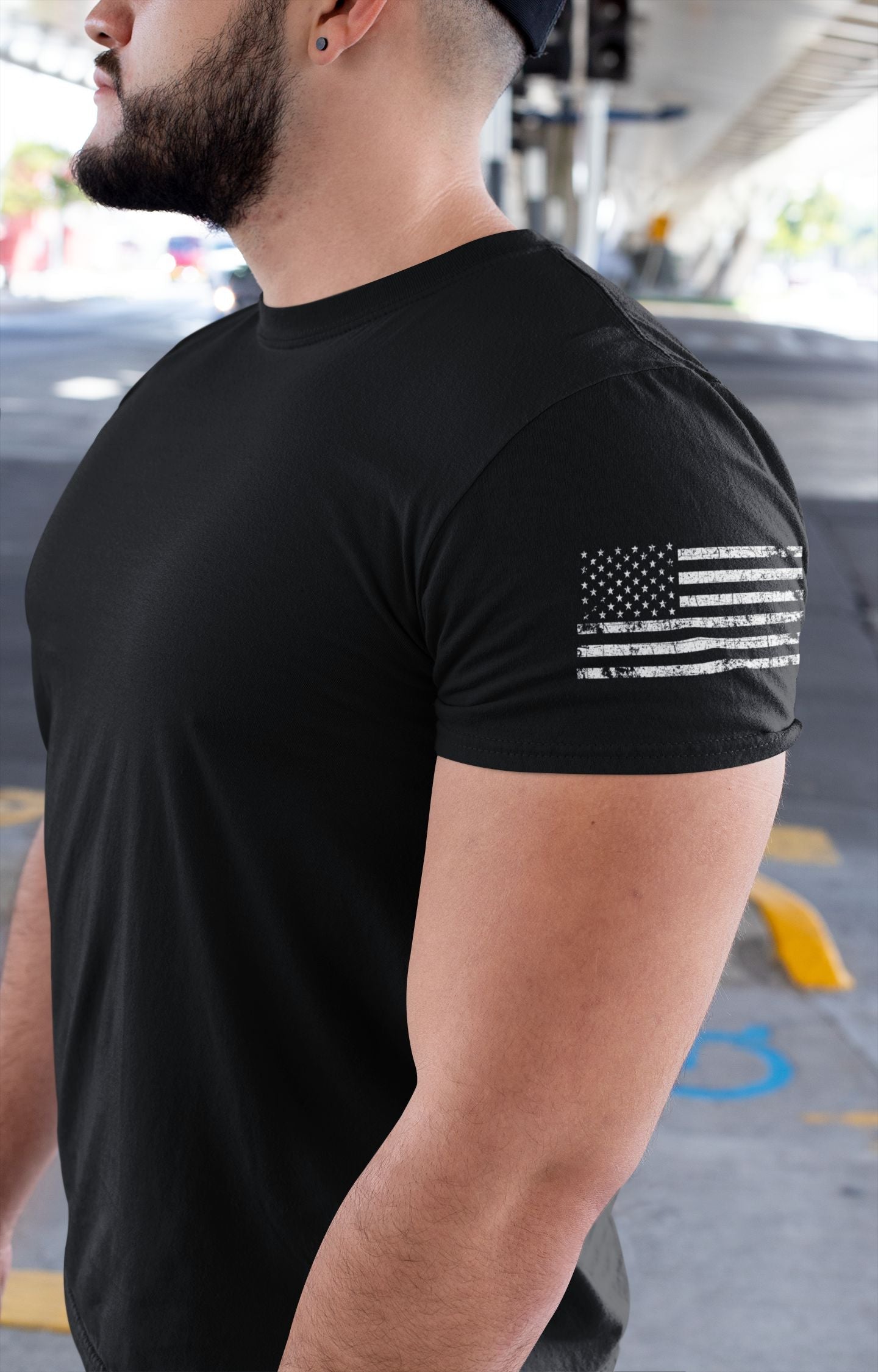 American Flag Sleeve Print T-Shirt - Dark Colors