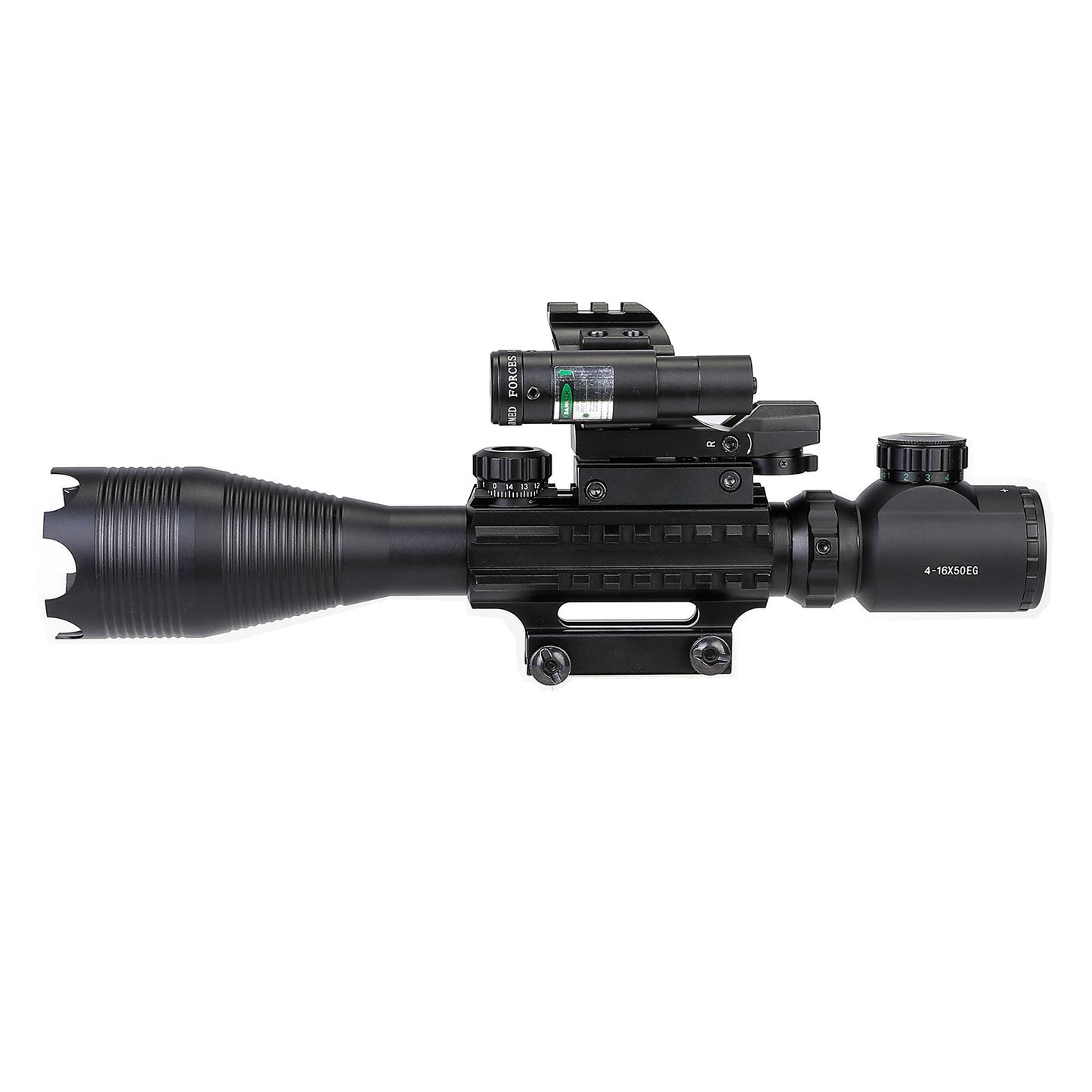 4-in-1 4-16x50 EG Riflescope Kit, Dot Laser, Reflex Sight, Green Laser, Offset Rail Mount