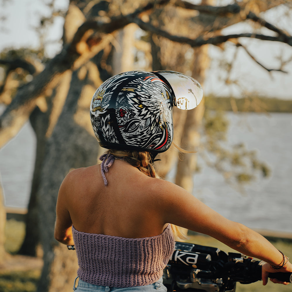 DOT Approved Daytona Cruiser Open Face Motorcycle Helmet - Men, Women & Youth - With Visor & Graphics - W/ Tribal