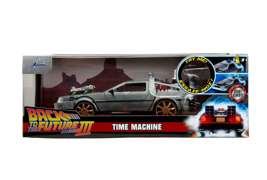 Back to the Future Part III (rail version) die-cast 1:24 scale "Hollywood Rides" light-up DeLorean Time Machine