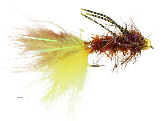 Bead Head Rubber Leg Wooly Bugger, size 10 | Yellow and Brown | Qty. 6 | Wild Water Fly Fishing