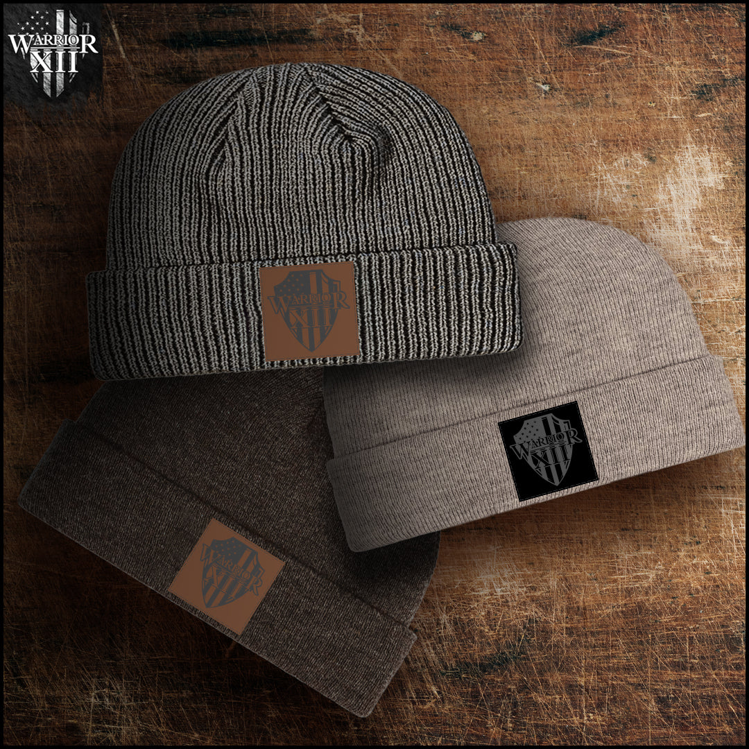 Light Gray Knit Beanie - W12 Black Patch