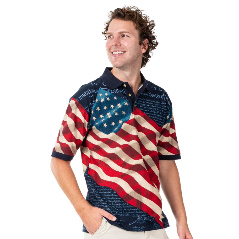 Men's Patriotic Waving American Flag 100% Cotton Polo Shirt