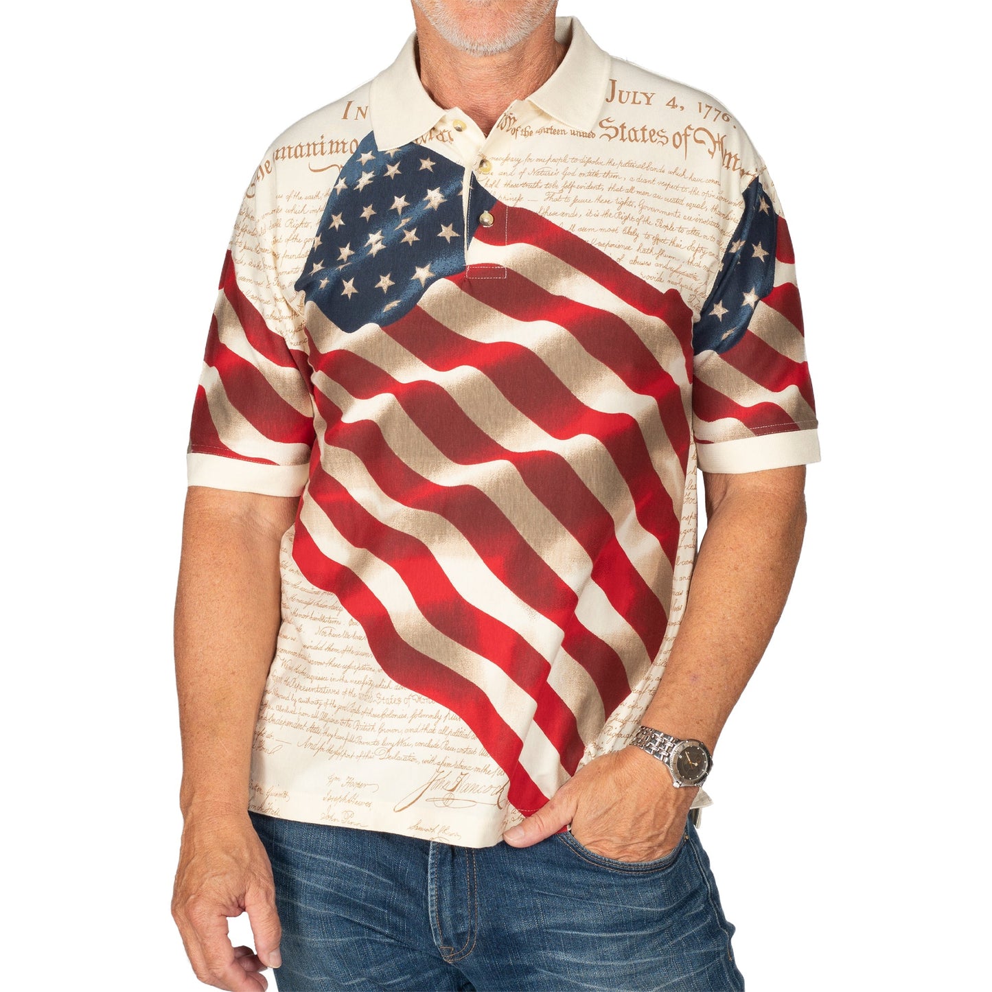 Men's Patriotic American Waving Flag 100% Cotton Polo Shirt