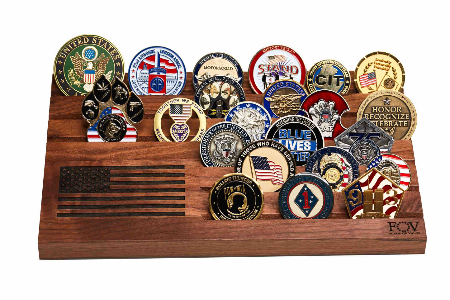 Flags of Valor - Wooden Desktop Challenge Coin Holder