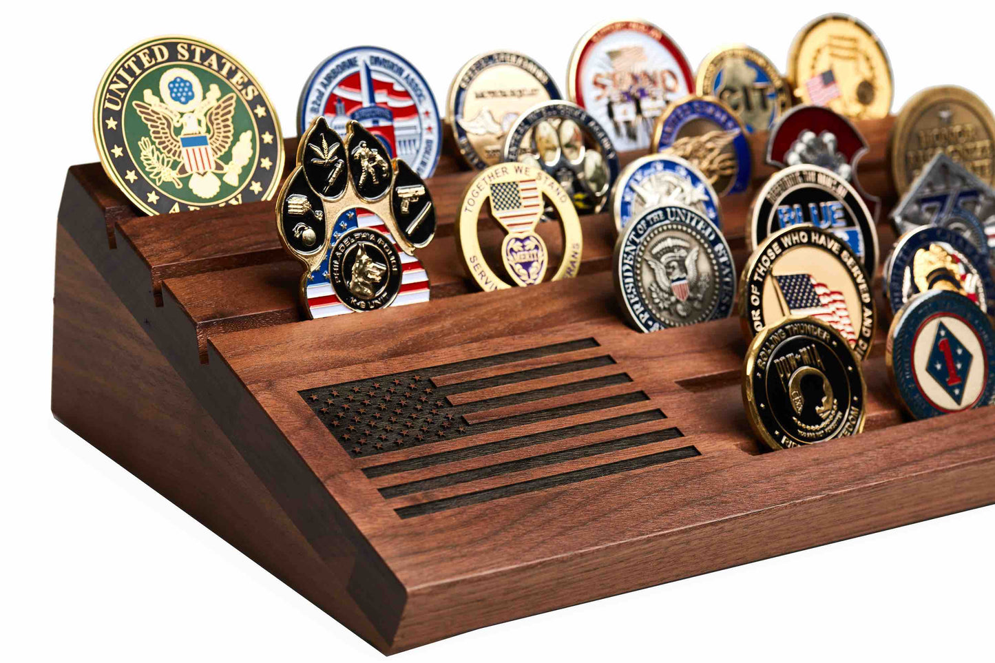 Flags of Valor - Wooden Desktop Challenge Coin Holder