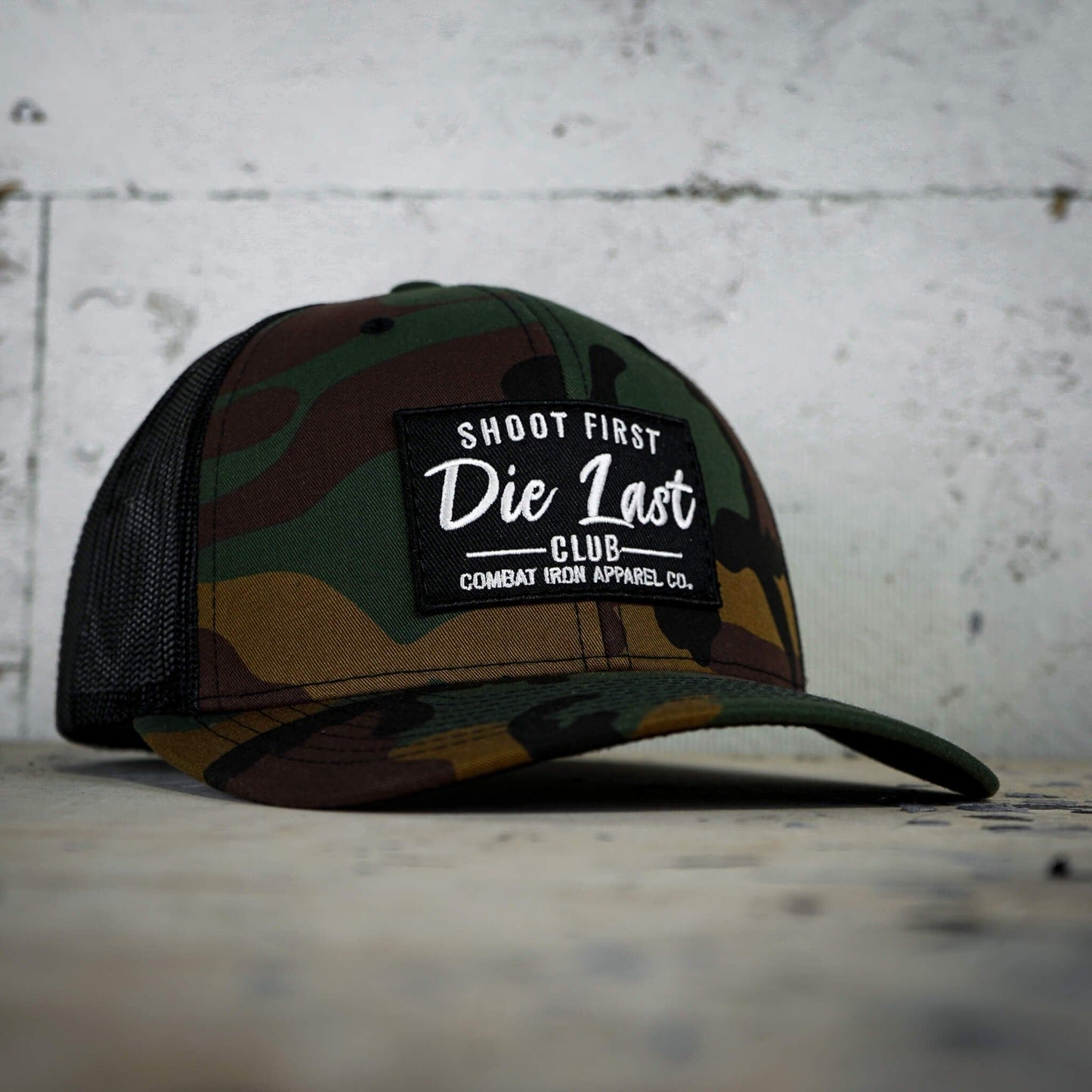 SHOOT FIRST. DIE LAST. CLUB PATCH MID-PROFILE MESH SNAPBACK