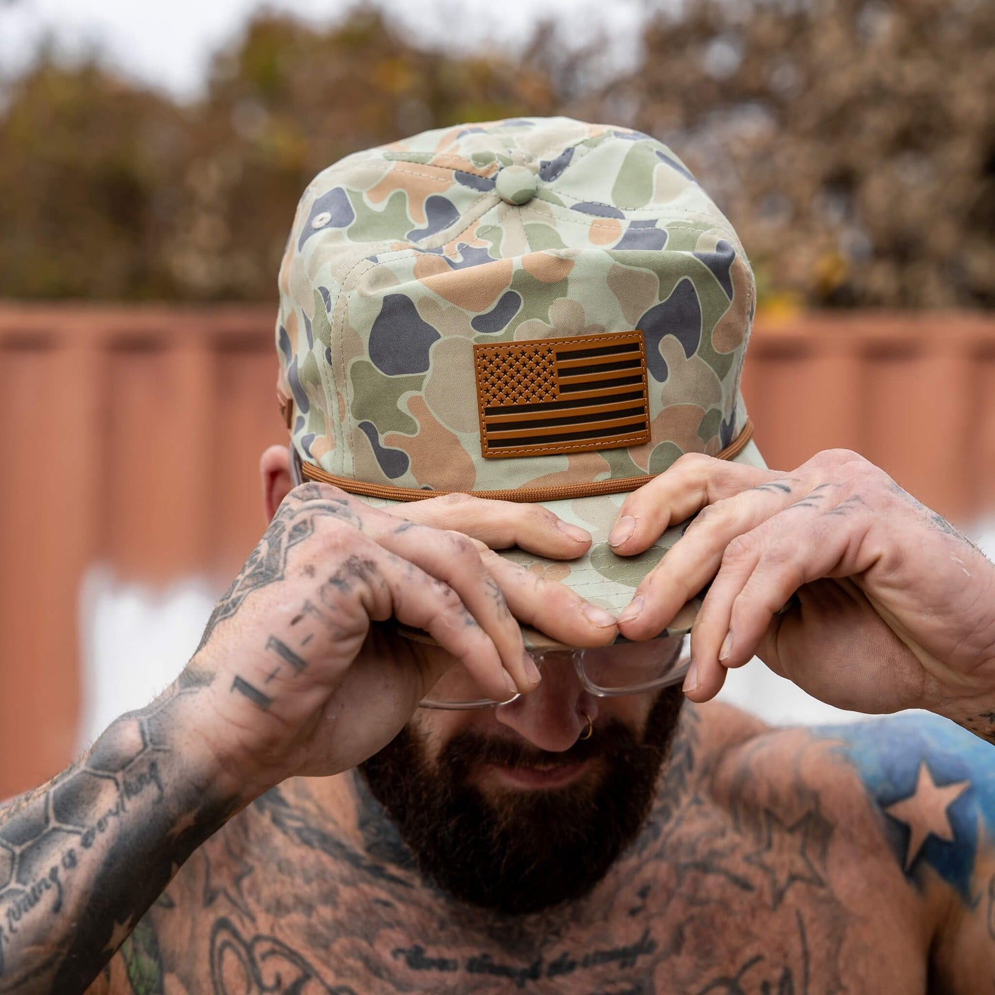 AMERICAN FLAG PATCH CRUSHABLE ROPE SNAPBACK | FROGSKIN DUCK CAMO