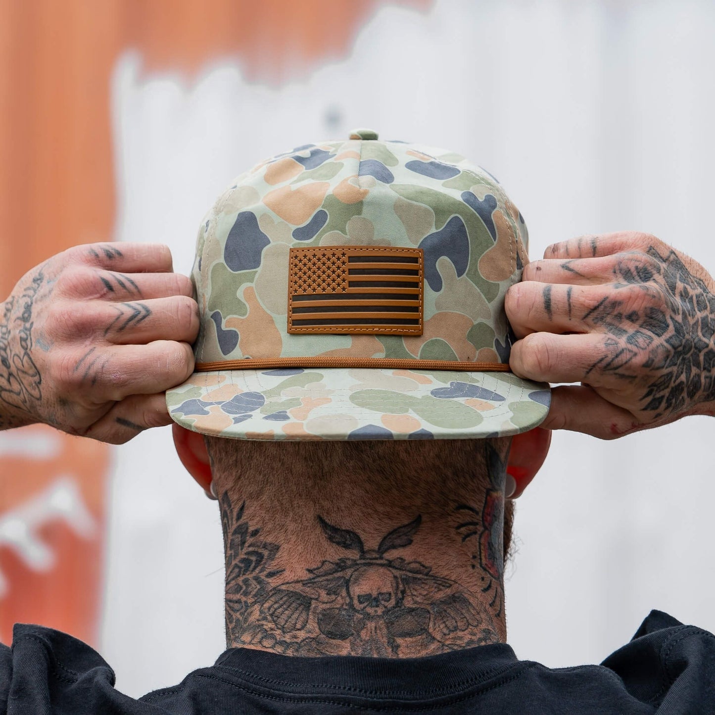 AMERICAN FLAG PATCH CRUSHABLE ROPE SNAPBACK | FROGSKIN DUCK CAMO