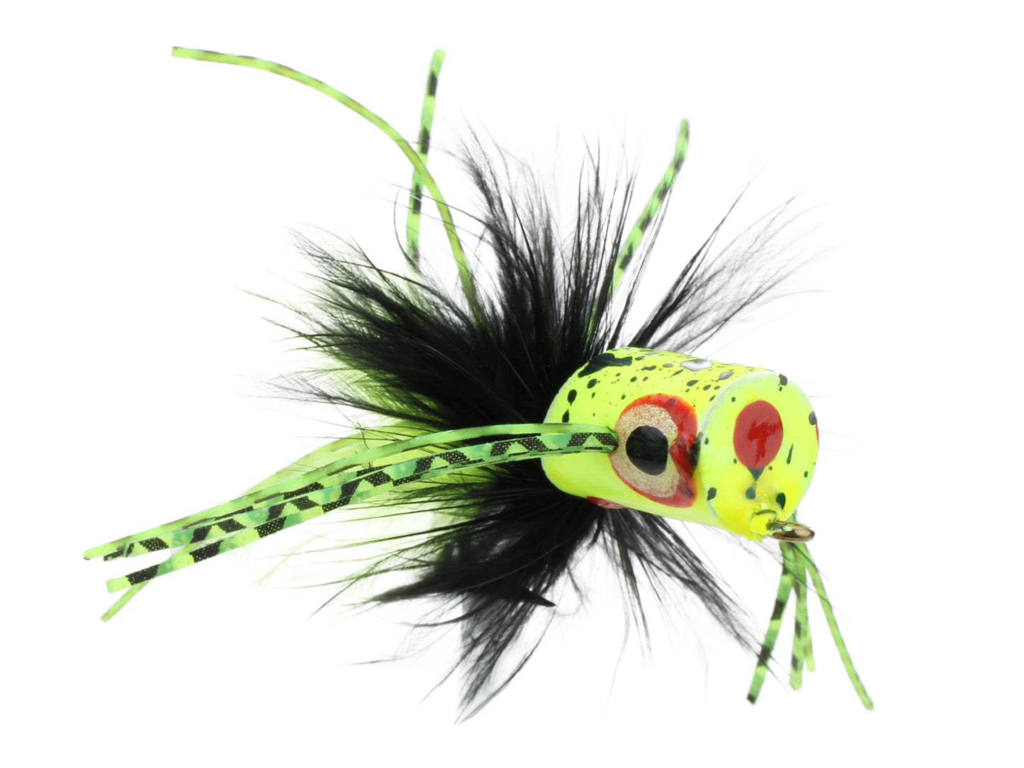 Flat Face Mini Panfish Popper, Size 6 | Green and Yellow Spider Legs | Qty. 4 | Wild Water Fly Fishing