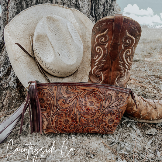 Whiskey Tooled Leather Wristlet - Toiletry Bag