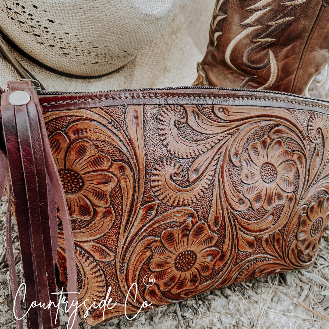 Whiskey Tooled Leather Wristlet - Toiletry Bag