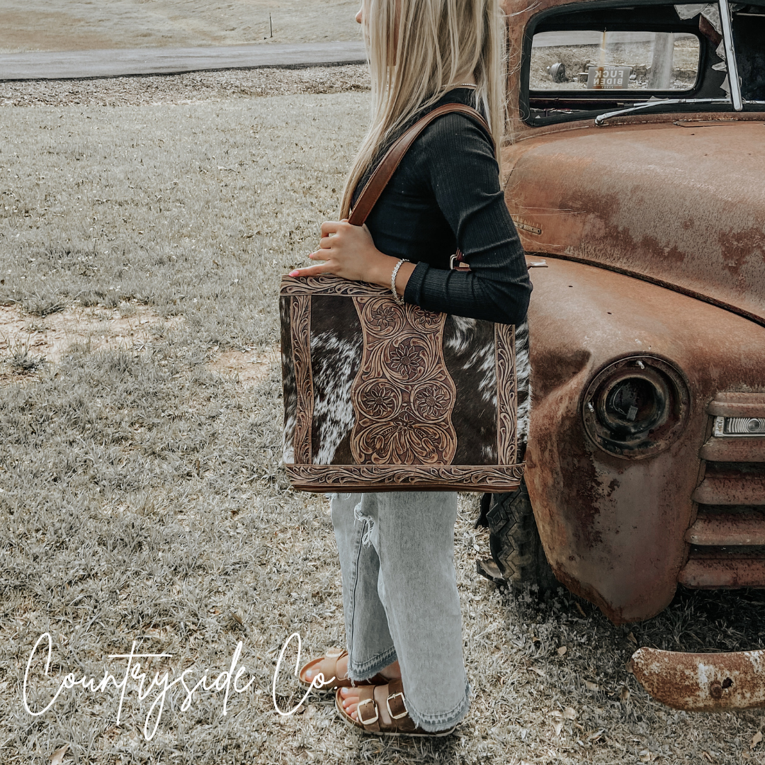 Lucille Cowhide and Tooled Leather Tote  Bag