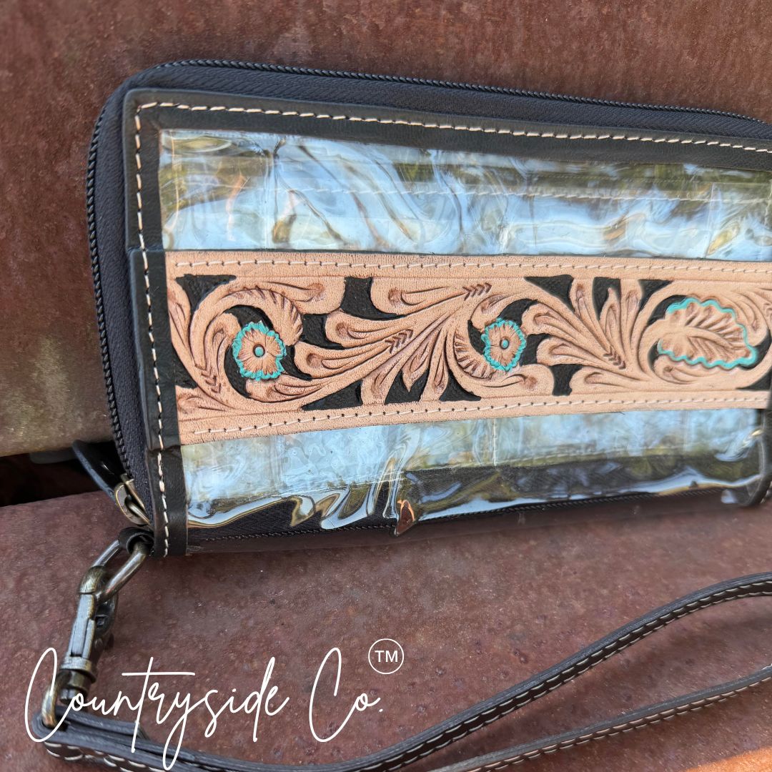 Scarlett Tooled Leather Clear Wristlet - Wallet