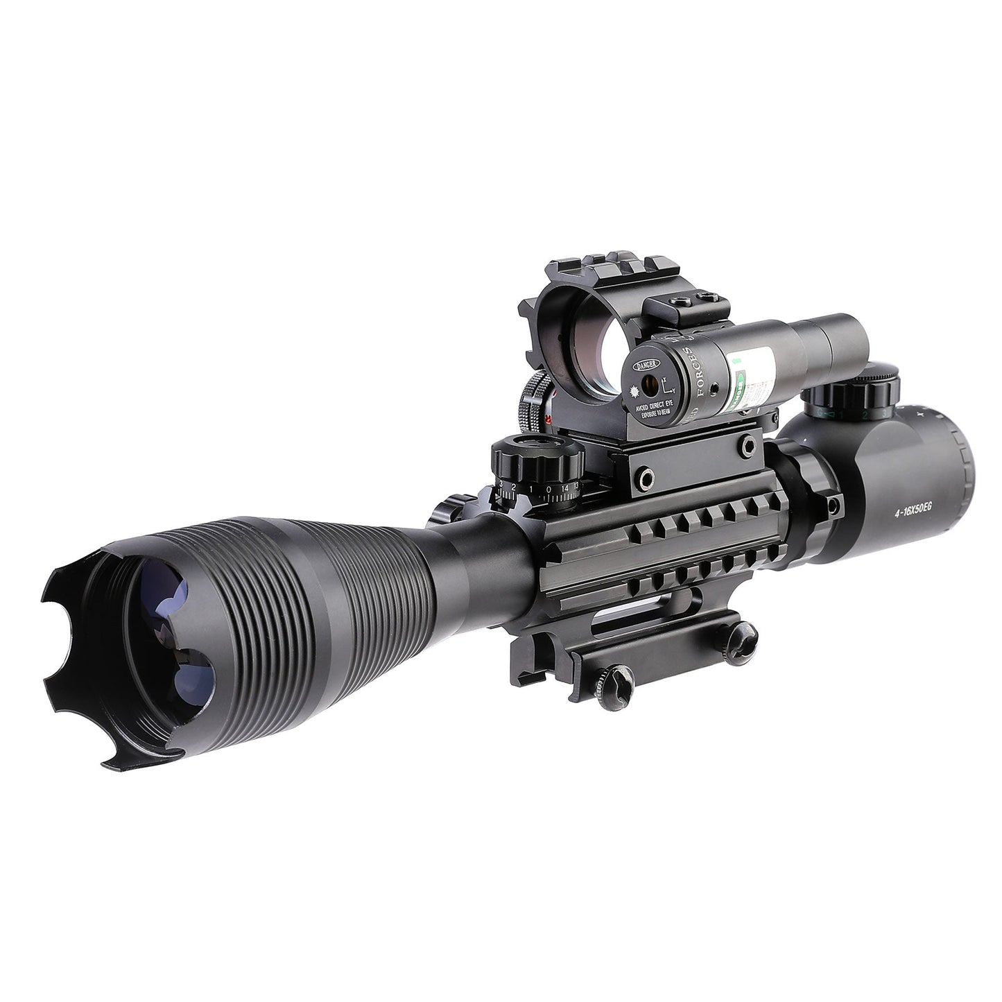 4-in-1 4-16x50 EG Riflescope Kit, Dot Laser, Reflex Sight, Green Laser, Offset Rail Mount