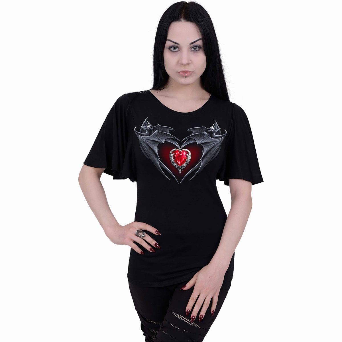 BAT'S HEART - Boat Neck Bat Sleeve Top Black