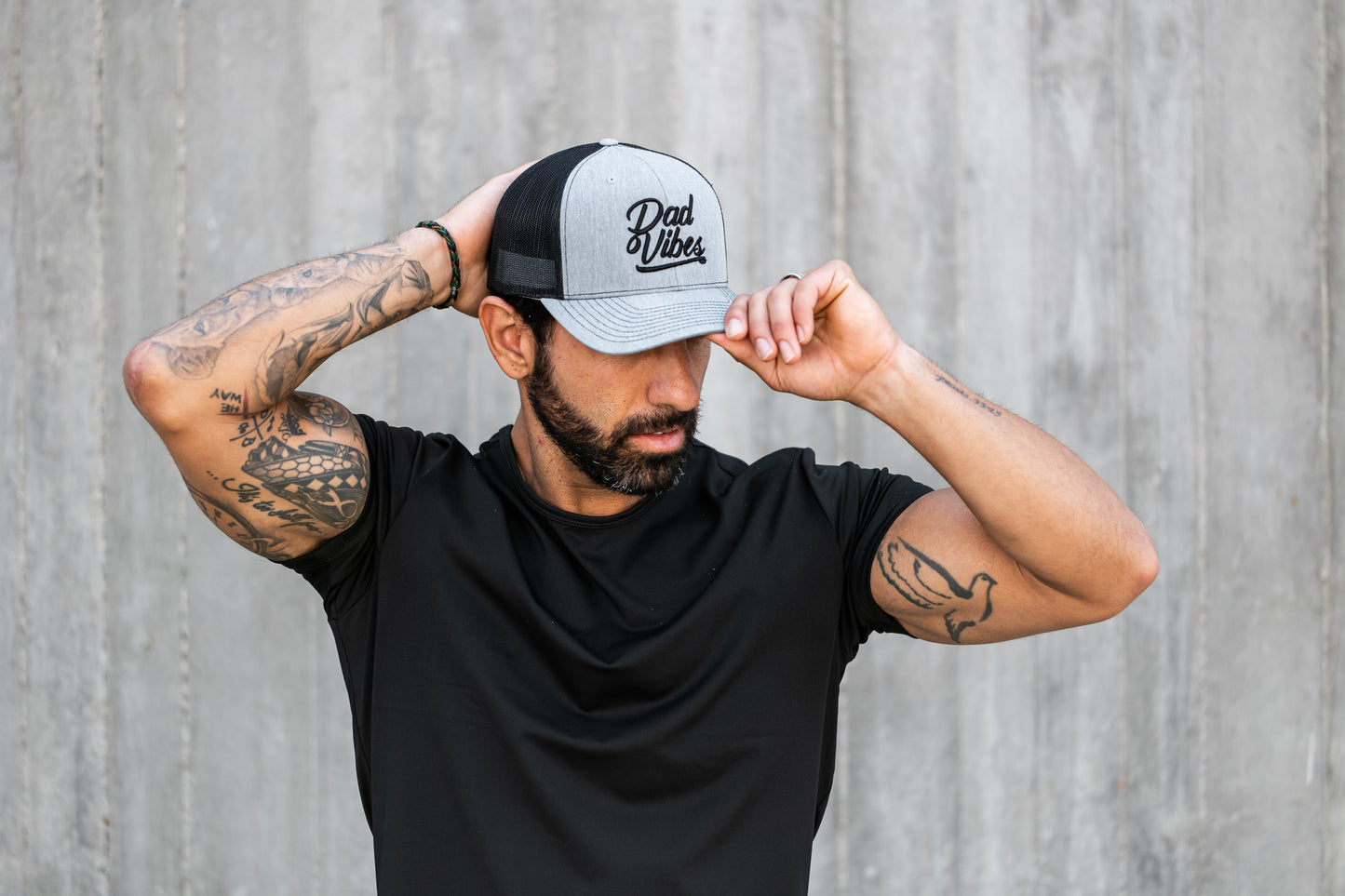 DadVibes Script Curved Bill Heather Grey/Black Trucker Hat