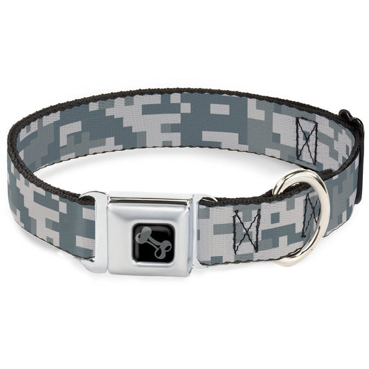 Dog Bone Black/Silver Seatbelt Buckle Collar - Digital Camo2 Grays