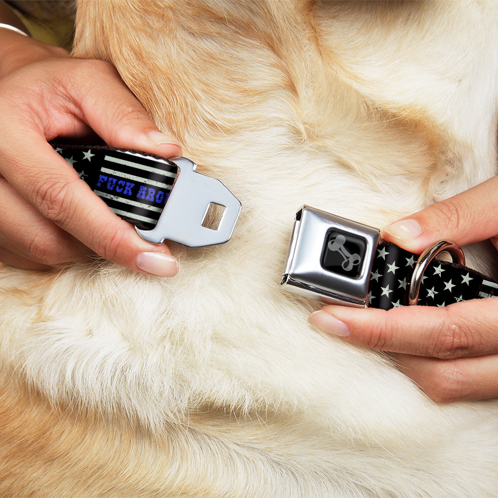 Dog Bone Black/Silver Seatbelt Buckle Collar - FAFO FUCK AROUND AND FIND OUT Thin Blue Line Flag