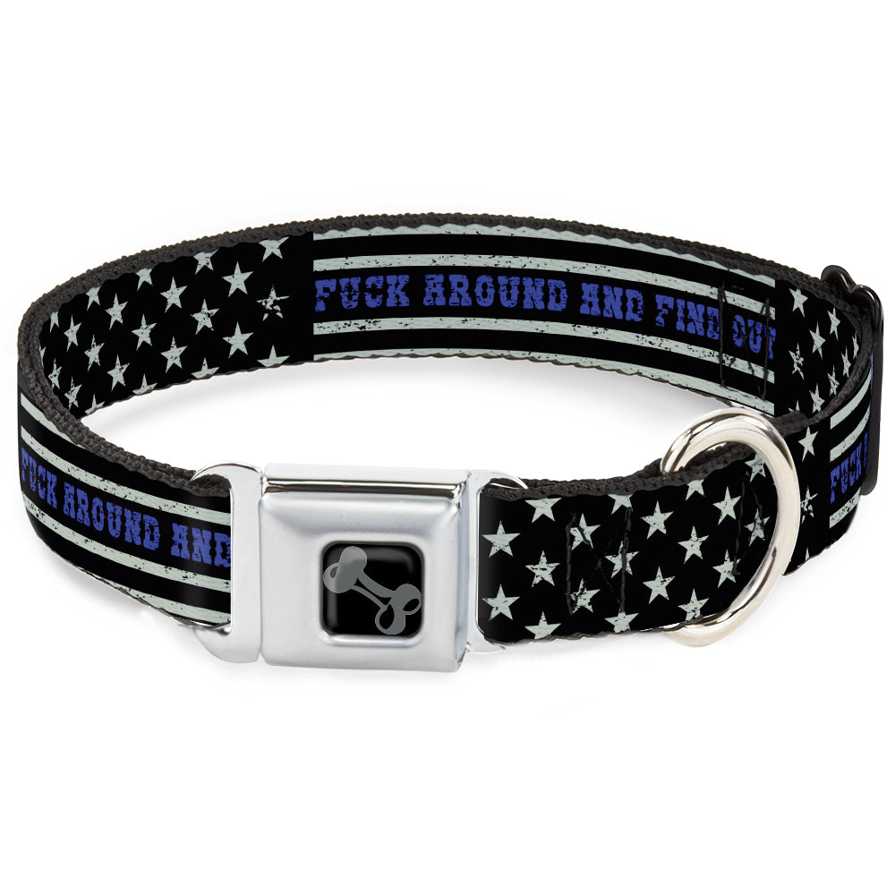 Dog Bone Black/Silver Seatbelt Buckle Collar - FAFO FUCK AROUND AND FIND OUT Thin Blue Line Flag