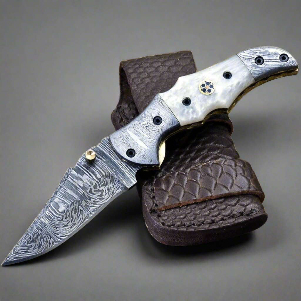 Celtic Gentleman's Folding Knife with Pearl Handle and Knife Sharpener