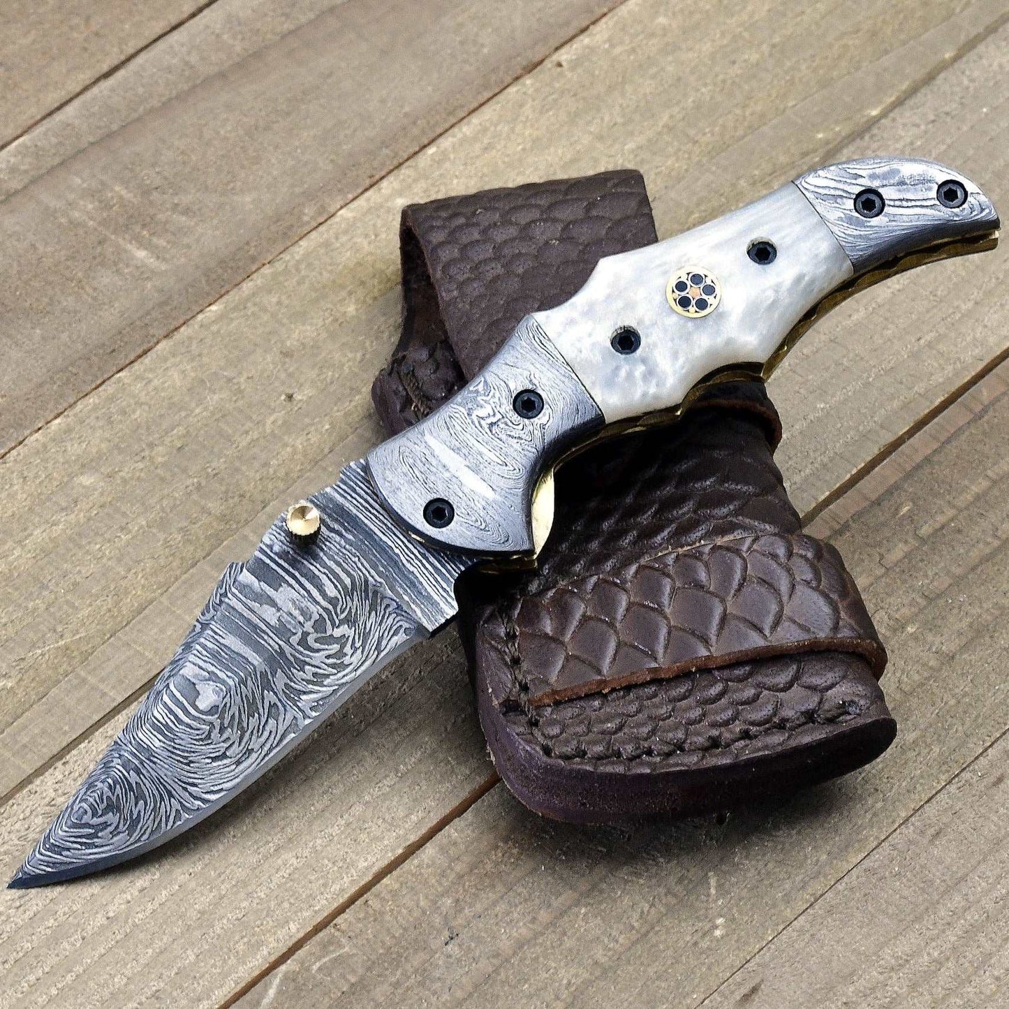 Celtic Gentleman's Folding Knife with Pearl Handle and Knife Sharpener