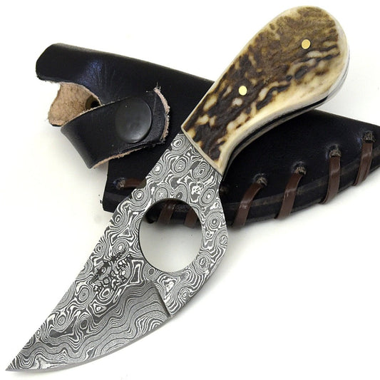 Shadowstalker Damascus Skinning Knife, Damascus Knife Stagorn Handle with Leather Sheath