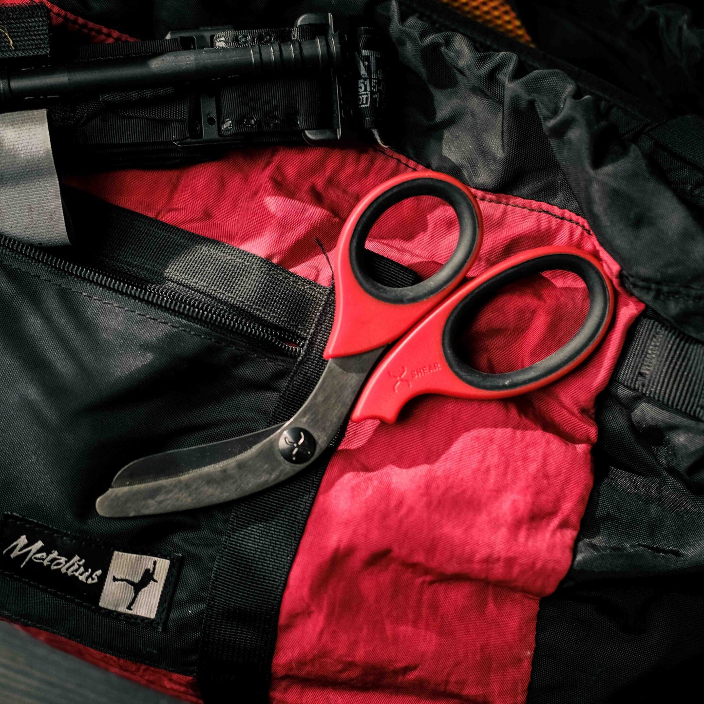 XShear 7.5” Heavy Duty Trauma Shears. Red & Black Handles, Black Titanium Coated Stainless Steel Blades, For the Professional Emergency Provider