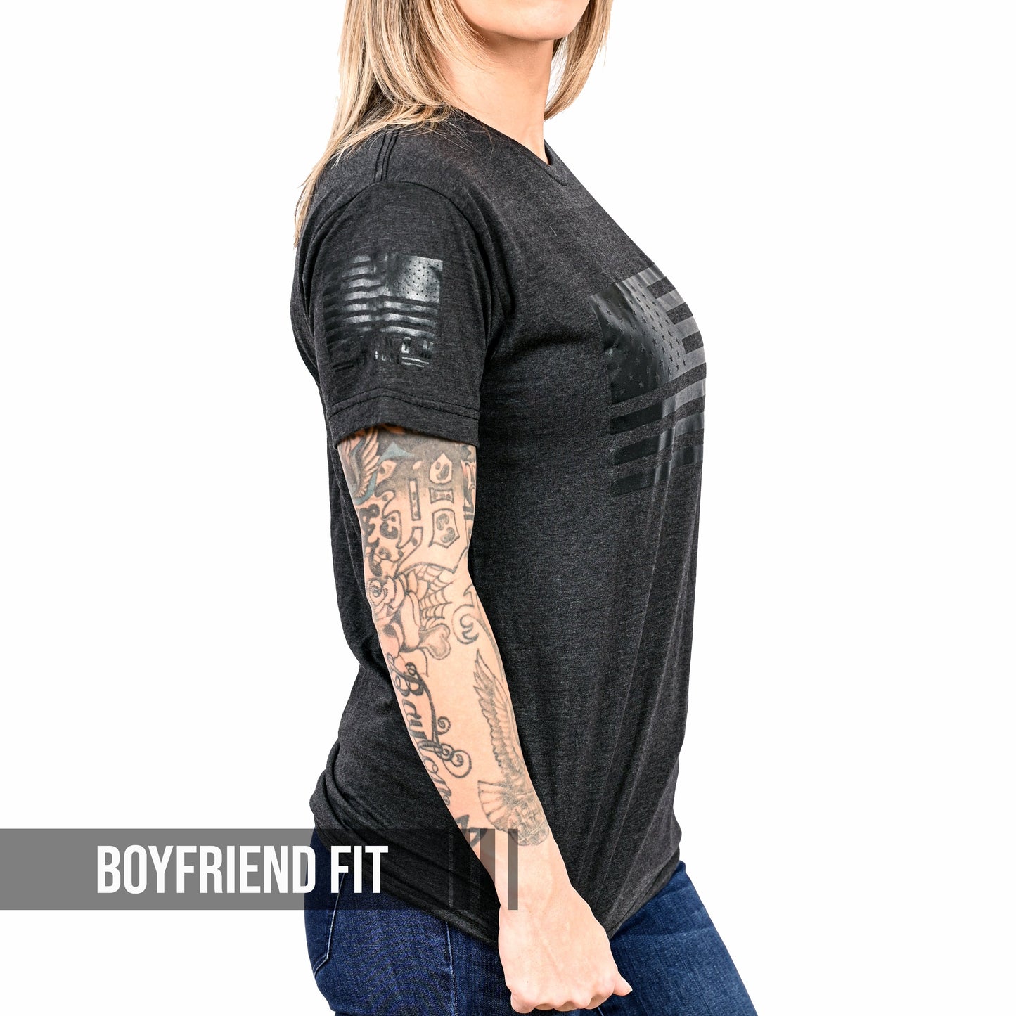 Women's Murdered Out American Flag Boyfriend Fit Patriotic T-Shirt - Heather Black