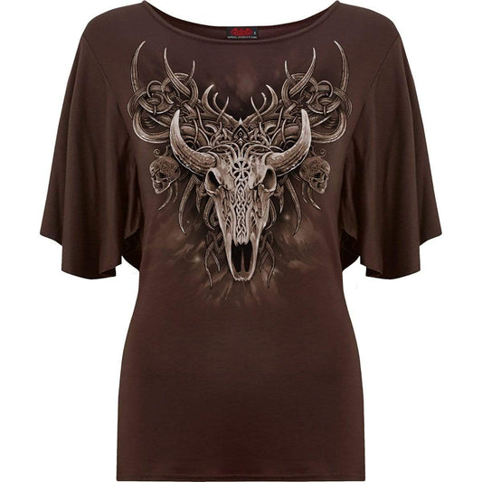 HORNED SPIRIT - Boat Neck Bat Sleeve Top Chocolate