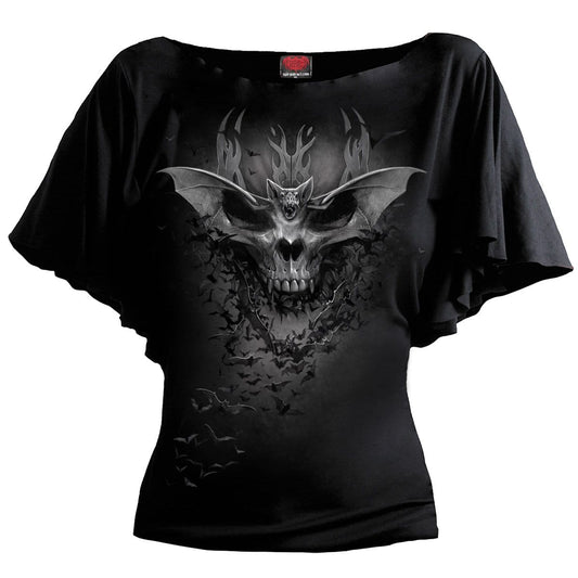 BAT SKULL - Boat Neck Bat Sleeve Top Black