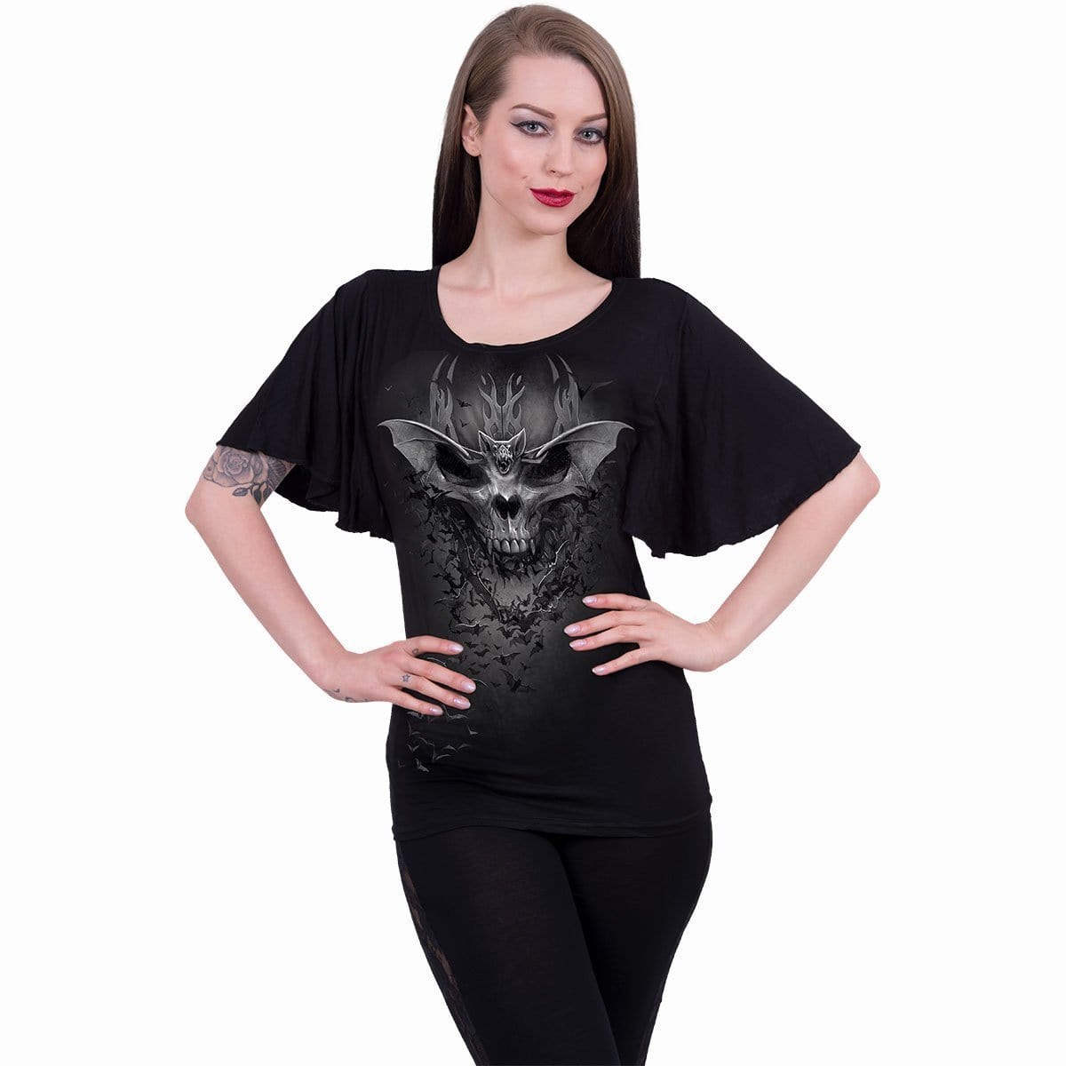 BAT SKULL - Boat Neck Bat Sleeve Top Black