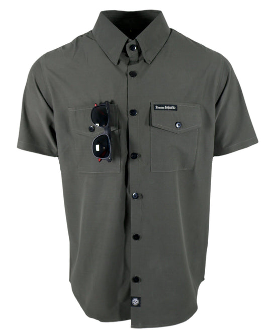 Performance Tech Gun Metal Hybrid Button Up Shirt (Hidden Snap Collars)