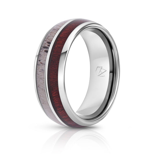 Silver Tungsten Ring - Antler & Koa Wood