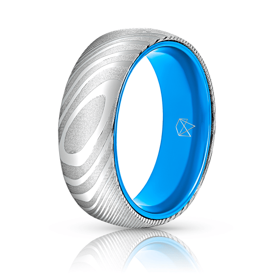 Wood Grain Damascus Steel Ring - Resilient Blue