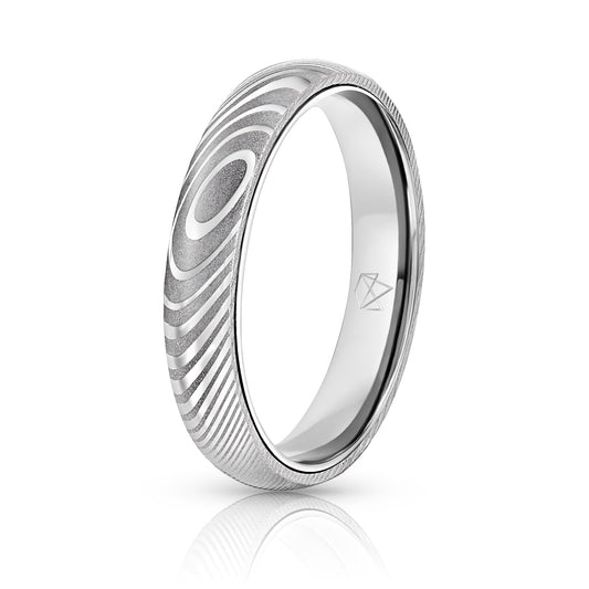 Wood Grain Damascus Steel Ring - Sterling Silver - 4MM