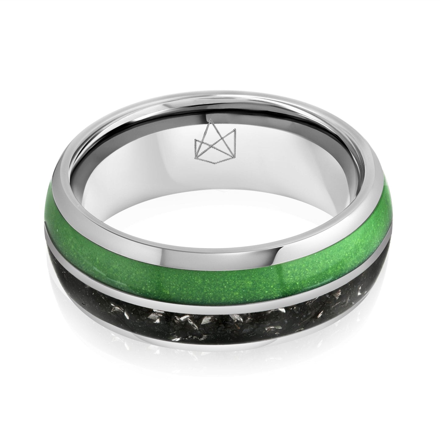 Silver Tungsten Ring - Green Glow & Real Meteorite